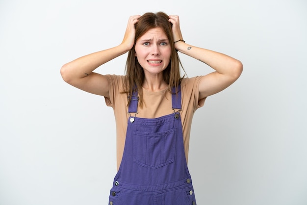 Photo young english woman isolated on white background doing nervous gesture