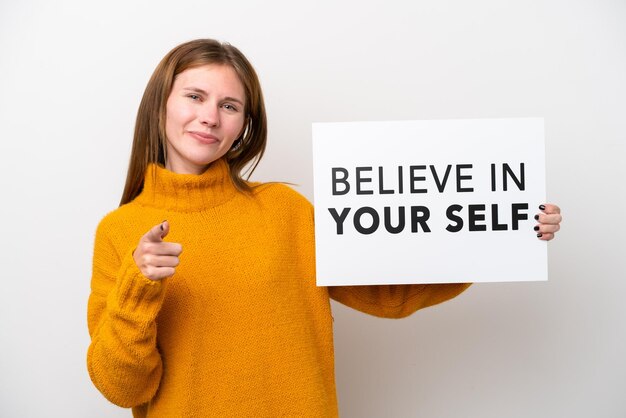 Young English woman isolated on white background holding a placard