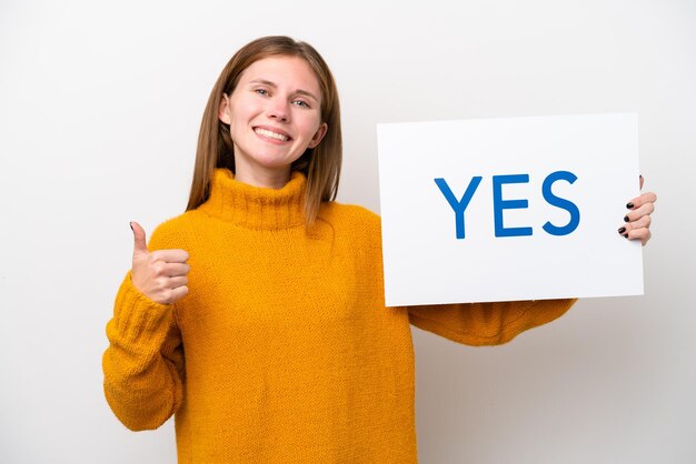 Young English woman isolated on white background holding a placard