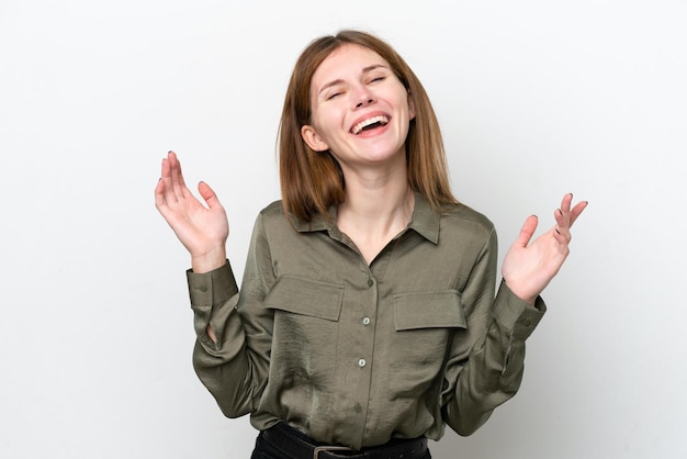 Young English woman isolated on white background smiling a lot