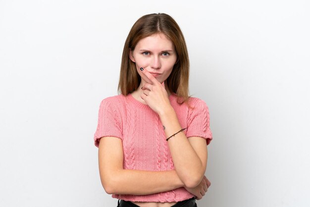 Young English woman isolated on white background thinking