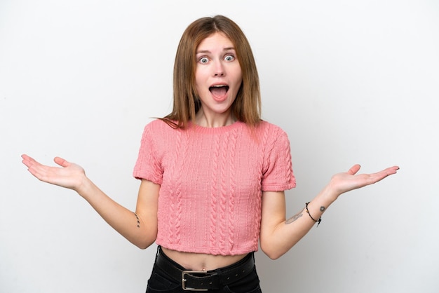 Young English woman isolated on white background with shocked facial expression