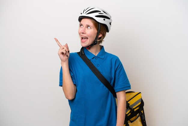 Young English woman with thermal backpack isolated on white background intending to realizes the solution while lifting a finger up