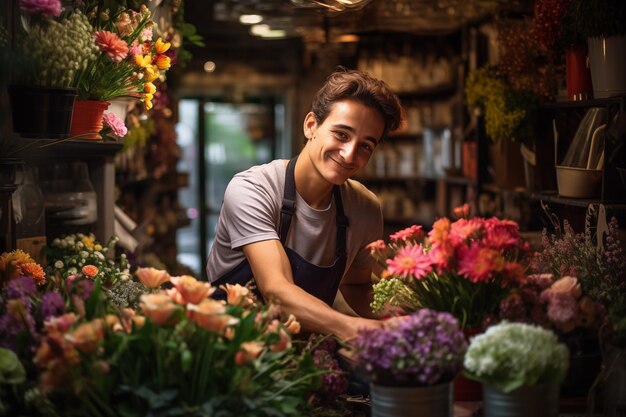 花の店を開いたことを喜ぶ若い挑戦的な少年