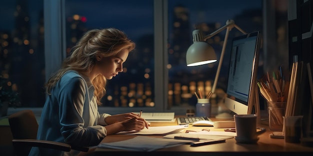 A young entrepreneur developing a project while working late in her home office generative ai