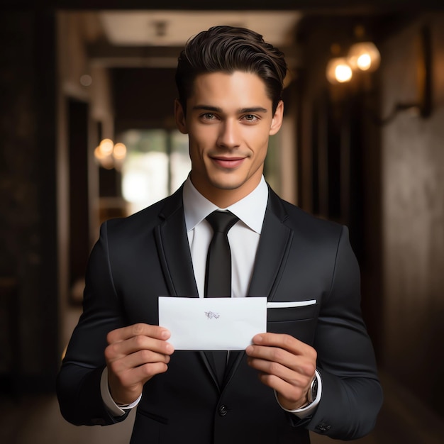 A young entrepreneur holding card