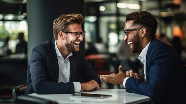 A young entrepreneur sharing a laugh with a business advisor during a strategy session