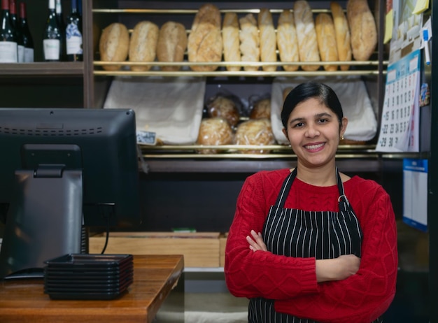 young entrepreneur woman with apron and arms crossed next to the cash register in the cafeteria