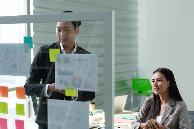 Young entrepreneurs in Asia Organize meetings to brainstorm and review information on glass board