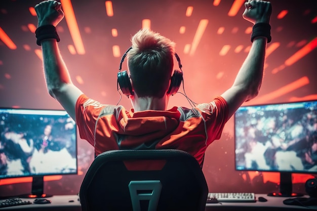 Young esports player raises his arms in victory sign Ai generated