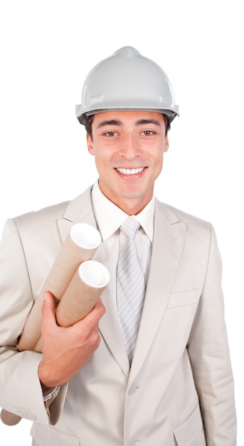 Young ethnic architect wearing a hardhat 