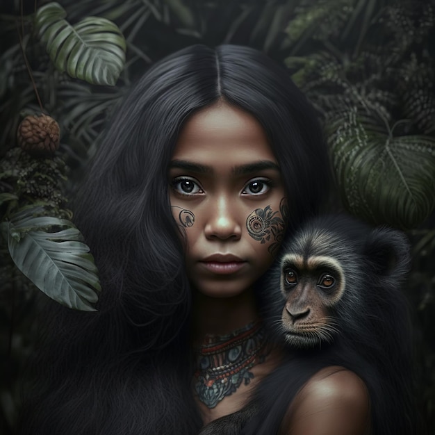 写真 熱帯の庭で猿と一緒にいる若い民族のメス
