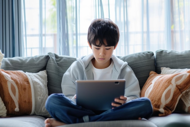 Young ethnic Japanese Boy teenager uses laptop to chat with friends and use social networks on Internet sits on sofa with portable computer on lap Digital addiction