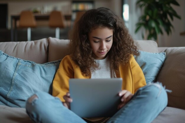 Foto giovane ragazza etnica latina adolescente usa il portatile per chattare con gli amici e utilizzare i social network su internet si siede sul divano con il computer portatile in grembo dipendenza digitale