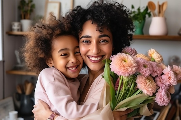 Young ethnic woman mother with flower bouquet embracing son while getting congratulations on Mother's day Generative AI