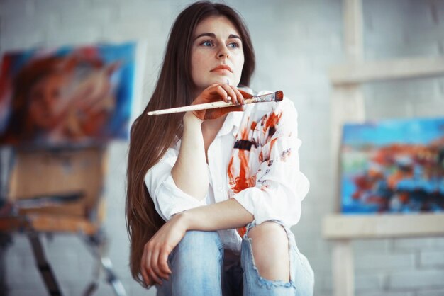 젊은 유럽 예술가 소녀, 미술, 그림, 판타지