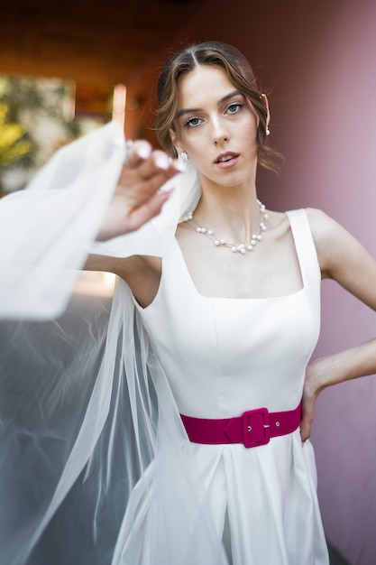 Young european bride in wedding dress