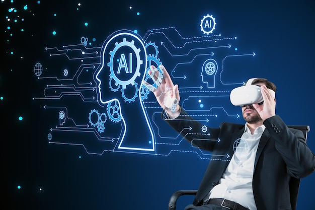 Young european man with VR glasses using creative AI head outline hologram with circuit on blurry blue background