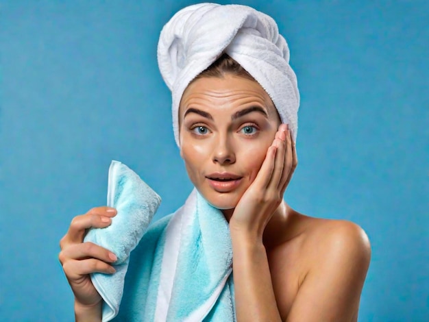 Photo young european woman silence gesture poses with soft towel on head