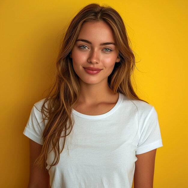 Young european woman standing with hands in pockets wearing blank white tshirt with copy space for your logo or text yellow background