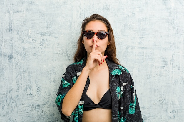 Young european woman wearing bikini keeping a secret or asking for silence.