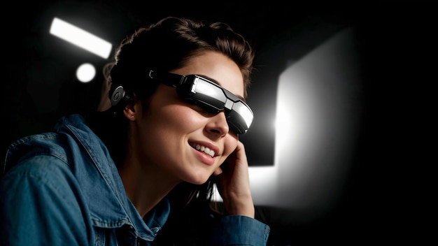 Фото Молодая европейская женщина в очках виртуальной реальности и наушниках в темной комнате