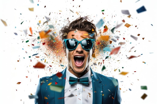 Young excited man wearing office clothes in a splash of festive confetti on white background
