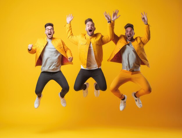 Young excited men jumping together yellow background