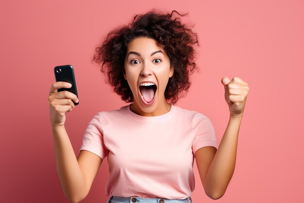 Photo a young excited woman on isolated background generative ai