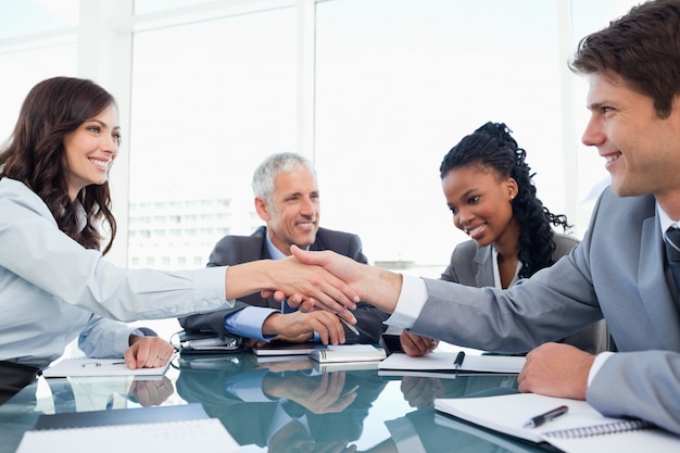 Young executive woman and a colleague shaking hands during a meeting