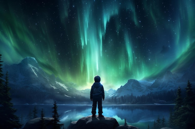 A young explorer witnessing the aurora borealis on 00337 03