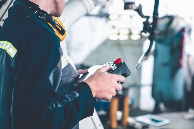 Young factory worker working with adept robotic arm