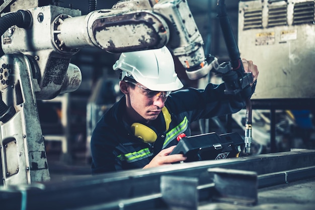 Young factory worker working with adept robotic arm