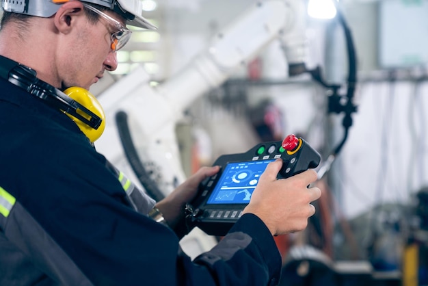 Young factory worker working with adept robotic arm