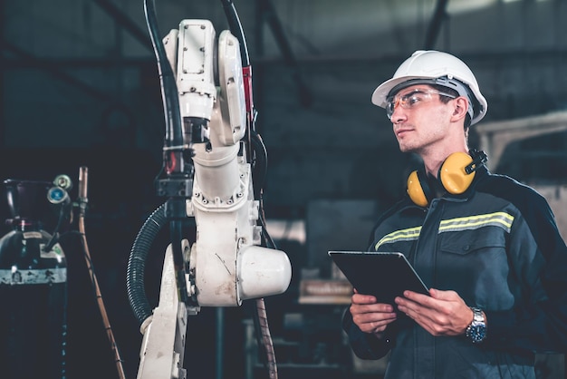 Young factory worker working with adept robotic arm