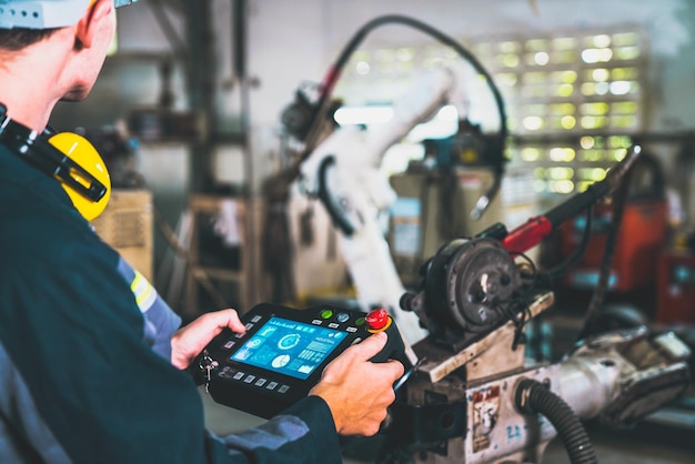 Young factory worker working with adept robotic arm