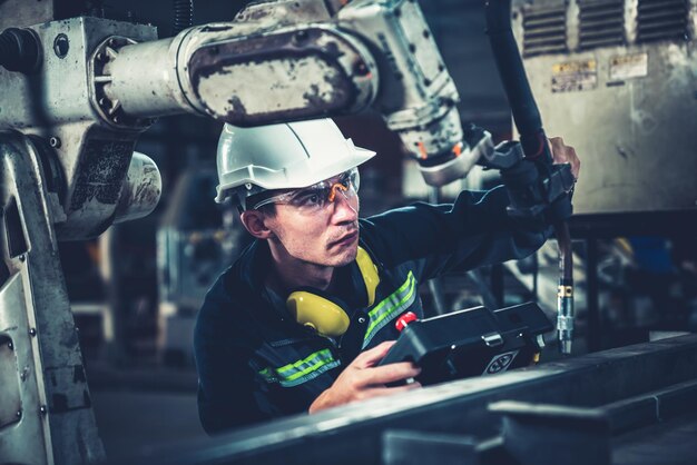 Young factory worker working with adept robotic arm