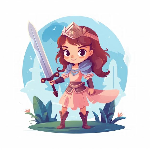 A young fairy tale warrior equipped with a tiny sword and shield ready for adventure flat fairy tale cartoon cute white background Generative AI