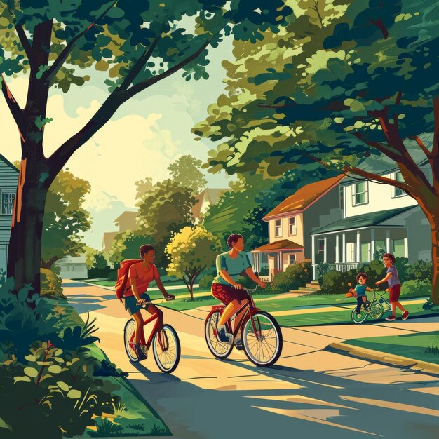 Photo a young family biking together in a friendly suburban neighborhood ai generated