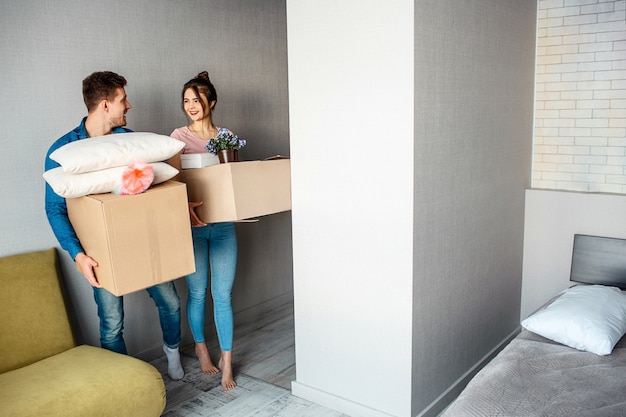 Young family couple bought their first small apartment