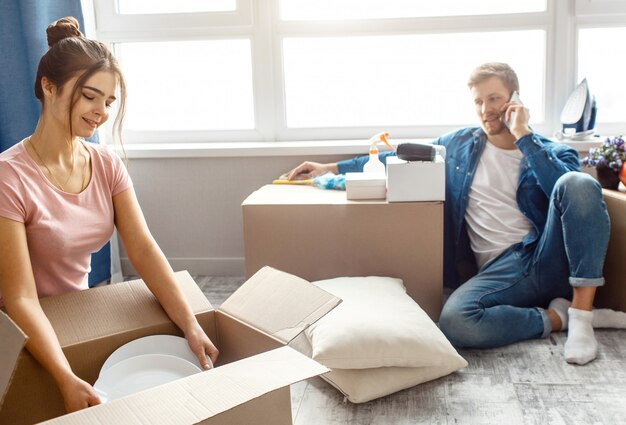 Young family couple bought their first small apartment