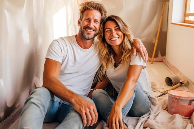 Young family couple doing renovation work at home A happy man and woman paint the walls and decorate their house Husband and wife sitting on the floor next to the wall and discussing interior design