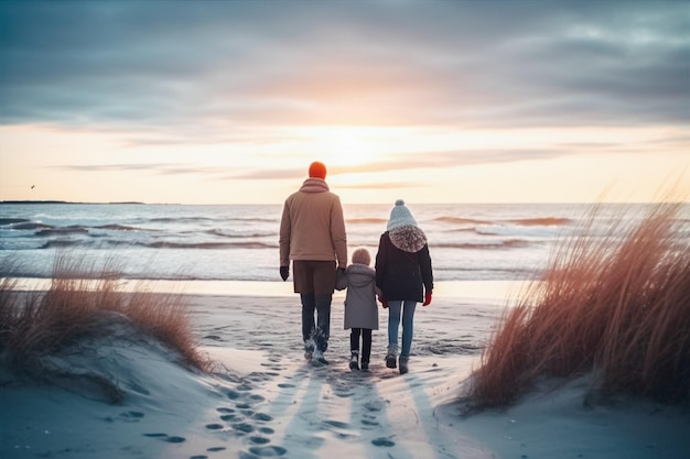 Young family enjoying time on the beach during winter