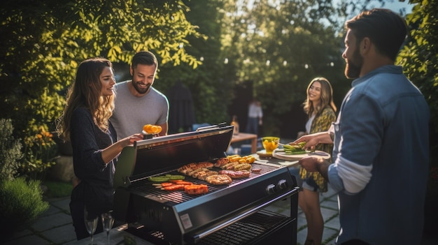 Young family is grilling at the barbecue