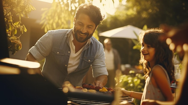 Young family is grilling at the barbecue