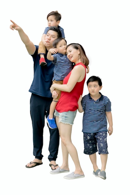 Young family looking at something on studio