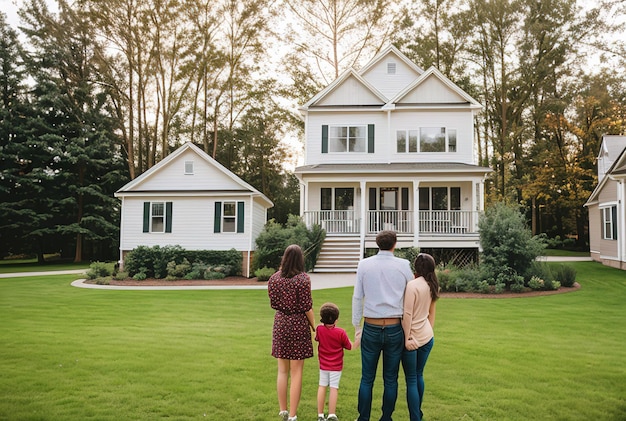 Young family looking at their new home standing with their backs real estate purchase investment