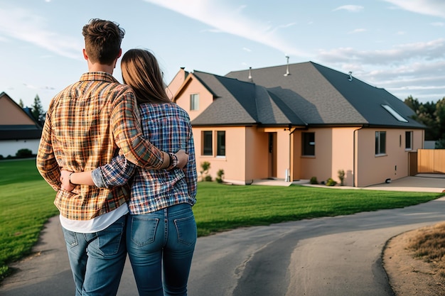 Young family looking at their new home standing with their backs real estate purchase investment