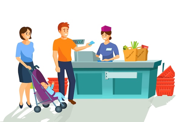 Young family near cashiers counter pays for goods purchased Building of store shopping center concept of family joint purchases cashier with goods Cartoon vector