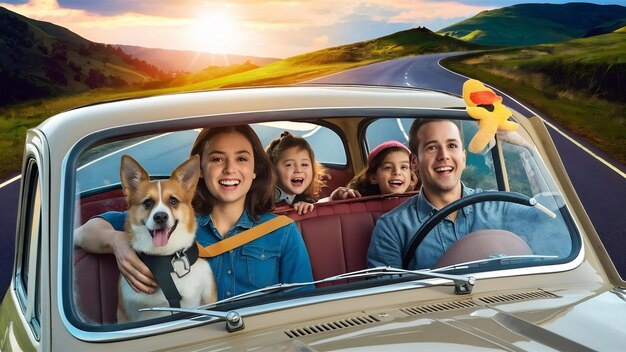 Young family on a road trip with their dog